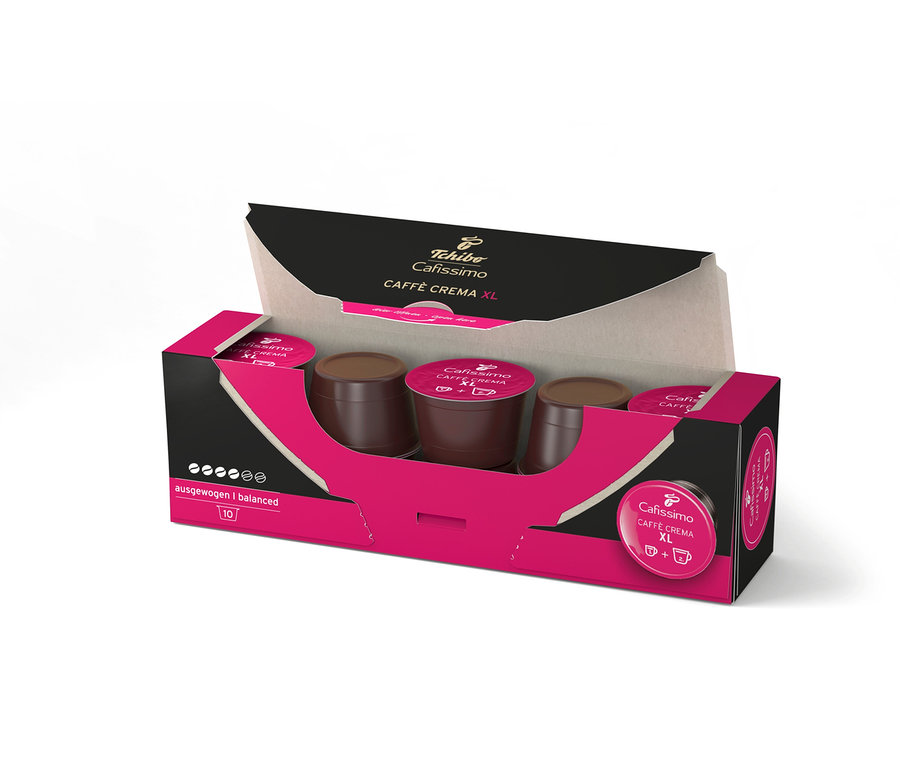 Geöffnete Packung Cafissimo Caffè Crema XL Kapseln mit 10 Kapseln und eine Packung mit 80 Kapseln.