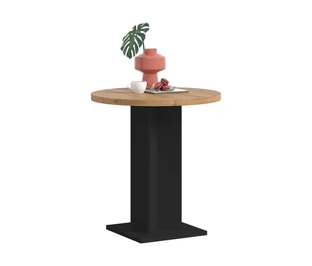 Runder xonox Esstisch »Victor« mit schwarzem Fuß, darauf eine rosa Vase mit Blatt, eine weiße Tasse und Macarons.