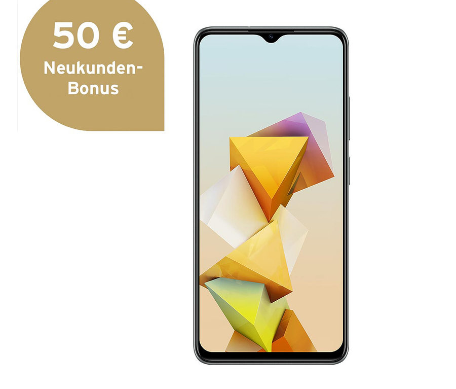 Nahaufnahme eines grauen ZTE Blade A73 5G mit 128 GB Speicher, auf dessen Display farbige geometrische Formen zu sehen sind.