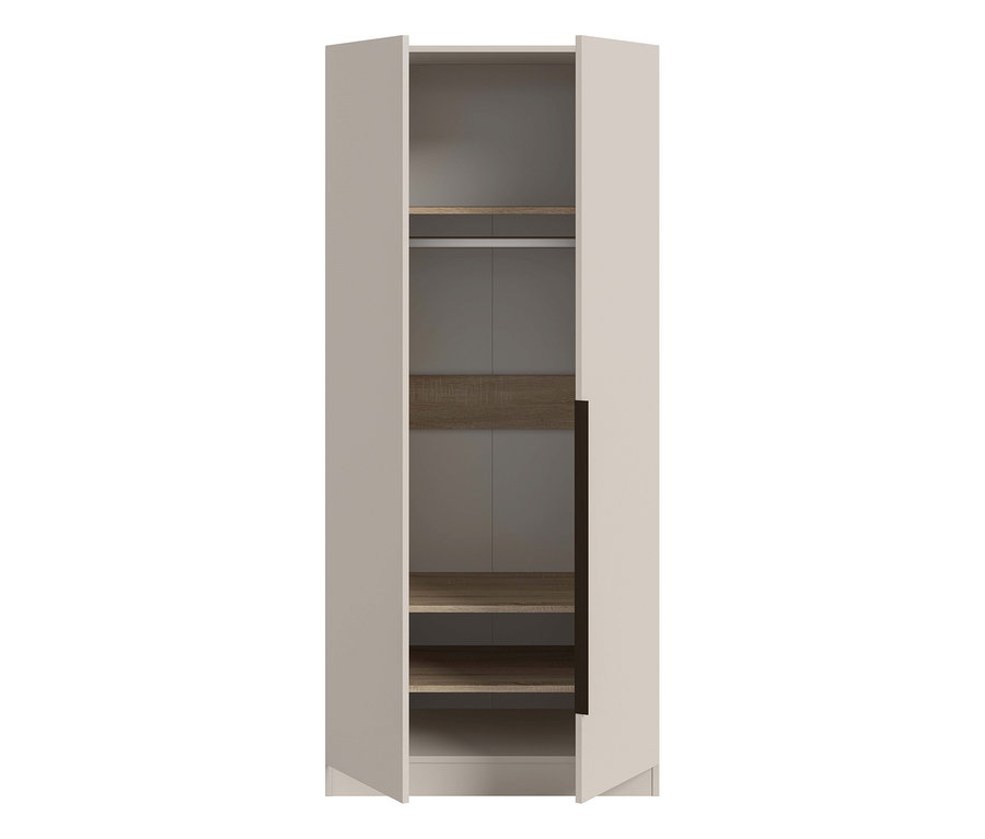 xonox Kleiderschrank »Nordic«, 2-türig. Helle beige Türen leicht geöffnet, zeigen grauen Innenraum mit Holzböden und Kleiderstange.