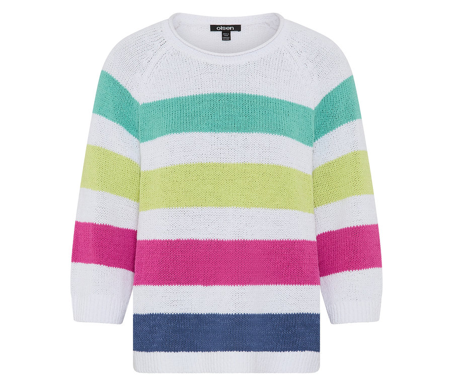 Olsen Pullover mit horizontalen Streifen in Weiß, Mintgrün, Limettengrün, Fuchsia und Dunkelblau.