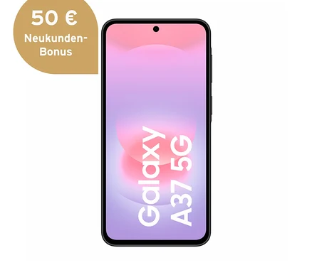 Schwarzes Samsung Galaxy A37 5G Smartphone mit dem Text 'Galaxy A37 5G' auf dem Bildschirm und einem goldenen Bonus-Badge mit '50 € Neukunden-Bonus'.