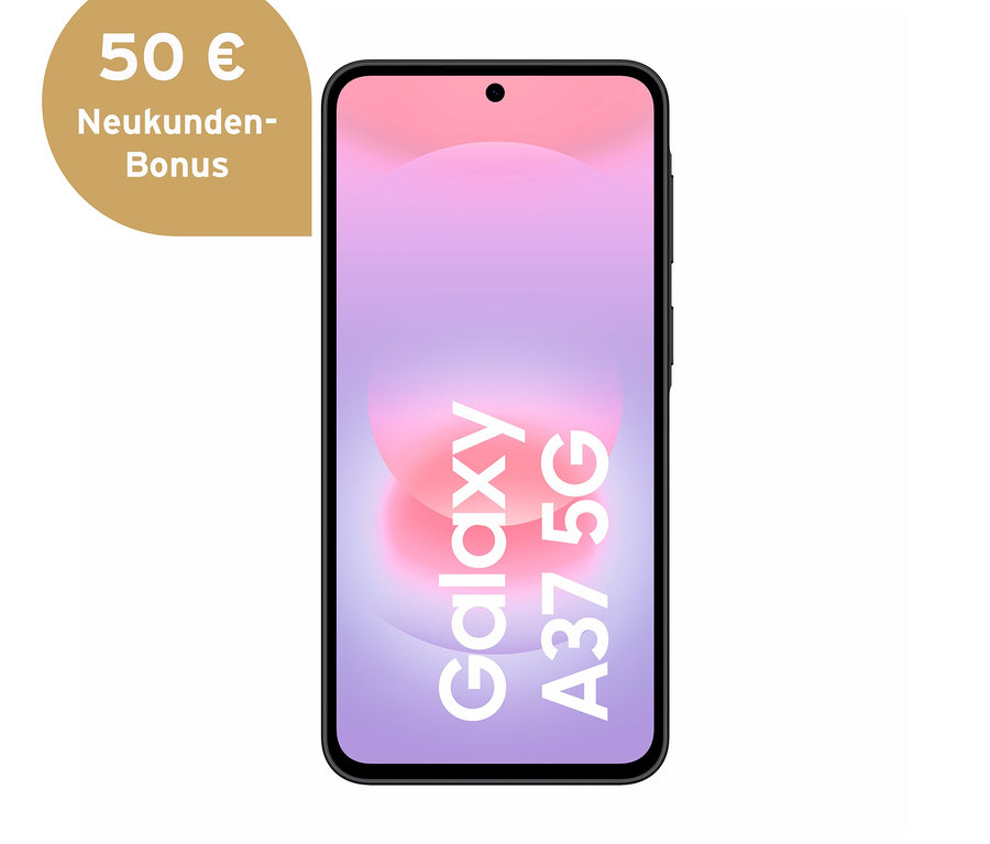 Schwarzes Samsung Galaxy A37 5G Smartphone mit dem Text 'Galaxy A37 5G' auf dem Bildschirm und einem goldenen Bonus-Badge mit '50 € Neukunden-Bonus'.