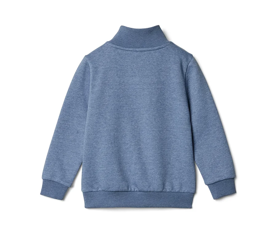 Rückansicht eines blauen Melange-Sweatshirts mit hohem Kragen und gerippten Bündchen und Saum.
