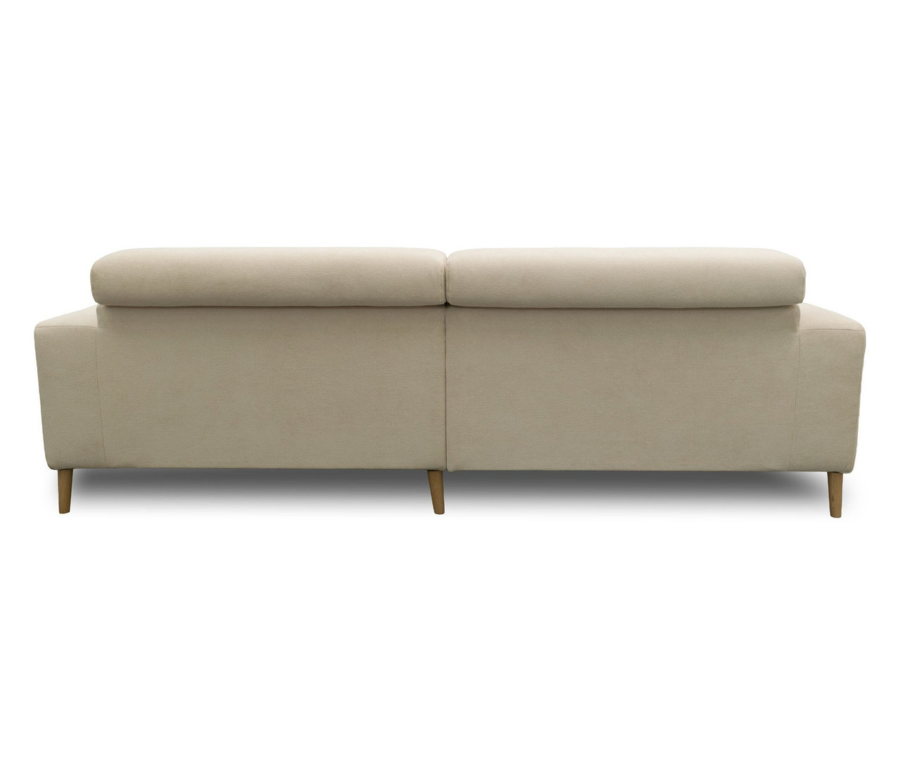 Rückansicht eines cremefarbenen DOMO Sofa »Malmö« mit Holzfüßen.