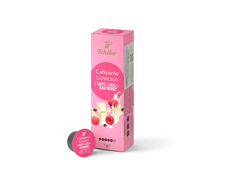 Eine Packung Cafissimo Flavoured Espresso - White Choc & Raspberry - 10 Kapseln. Daneben liegt eine einzelne Kapsel.