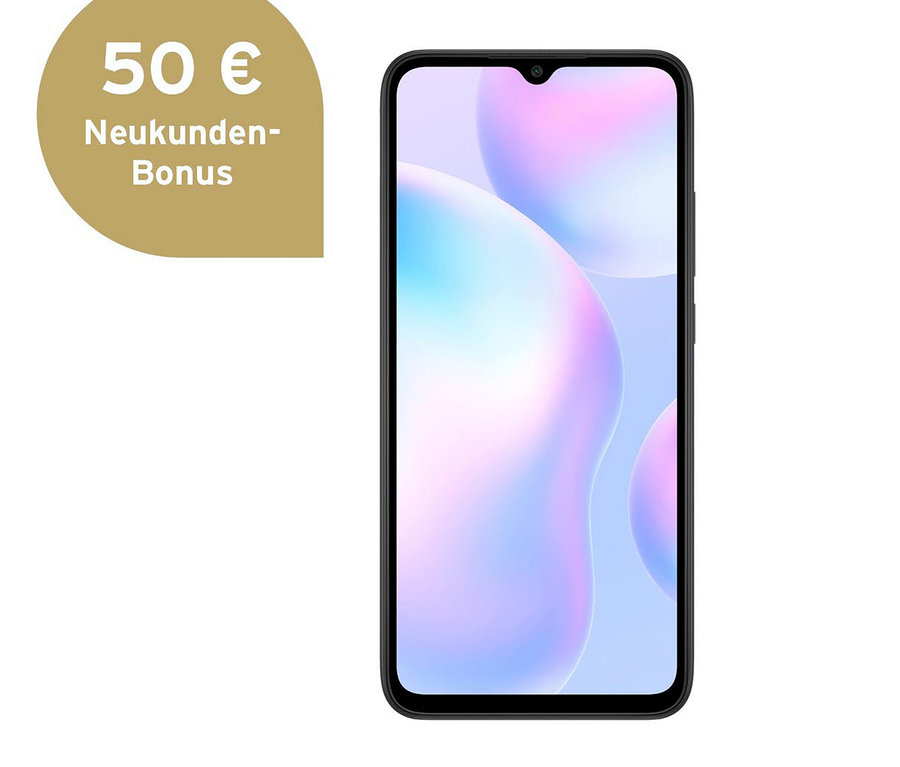 Eine Vorderansicht des Xiaomi Redmi 9A in Granitgrau.