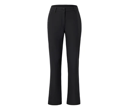 Schwarze Hose mit Knopfverschluss, Vordertaschen und geradem Bein.