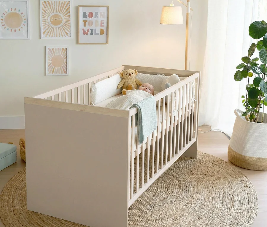 Ein Baby schläft auf dem Rücken in einem hellbeigen Gitterbett mit weißen Stäben, neben einem Teddybär. Eine hellblaue Decke hängt über dem Gitterbett. Das Gitterbett steht auf einem runden Jute-Teppich in einem Kinderzimmer mit Sonnen-Wandbildern, einer Stehlampe und einer Topfpflanze.