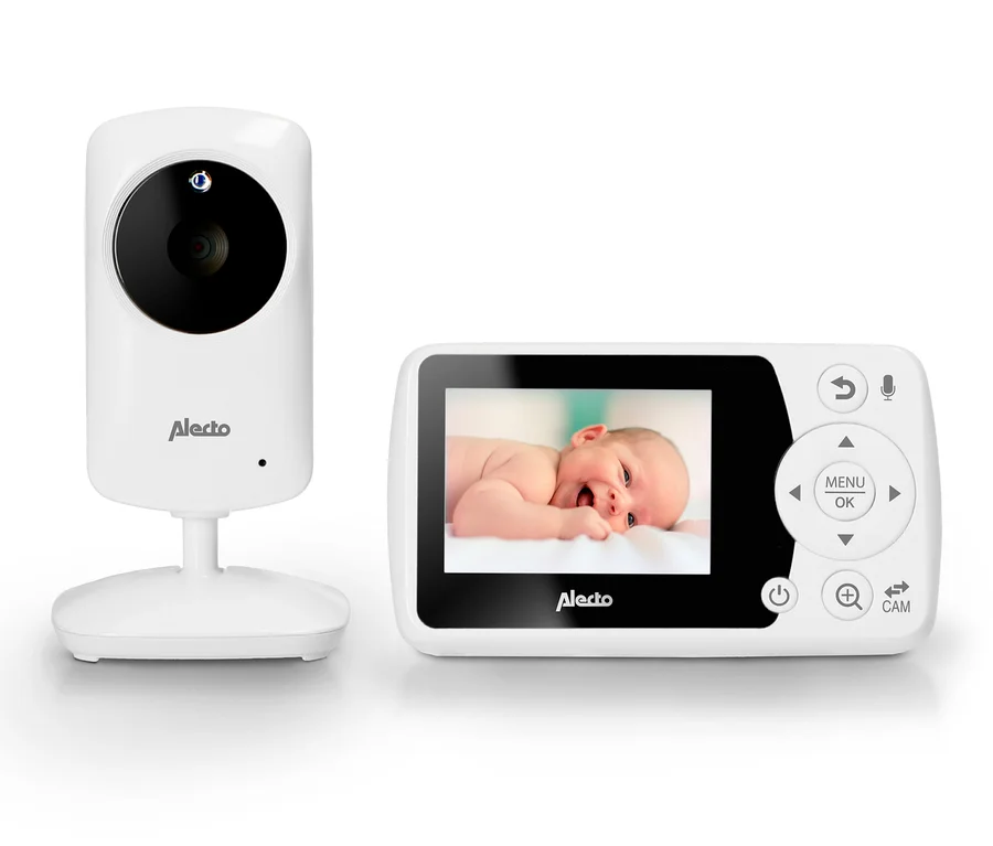 Ein weißes Alecto-Babyphone mit Farbdisplay zeigt ein lächelndes Baby.