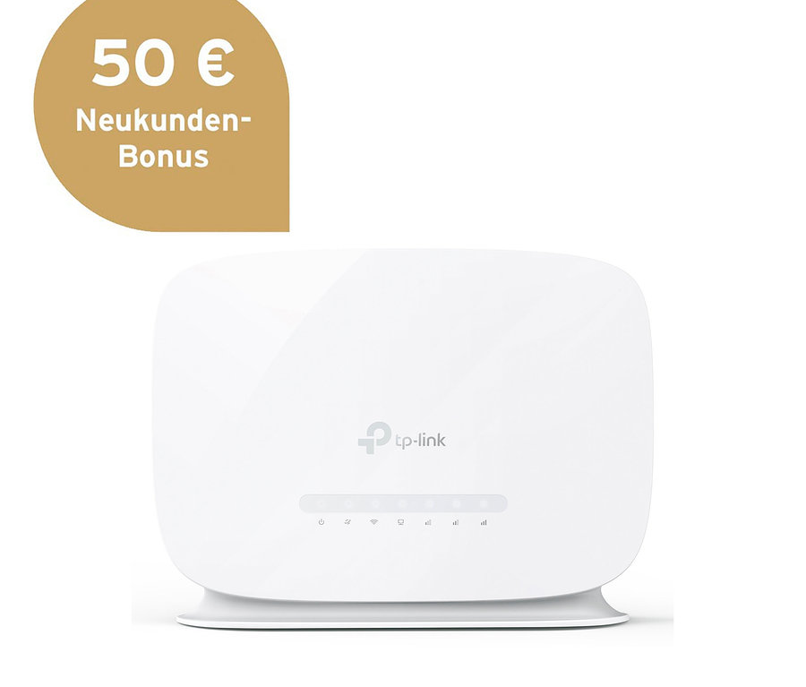 Weißer Homespot-Router LTE TP-Link vor weißem Hintergrund. Oben links befindet sich ein Banner mit einem 50€ Neukunden-Bonus.