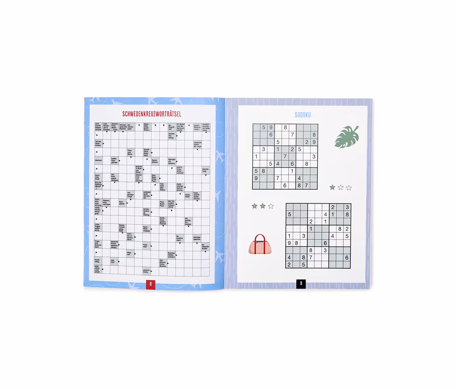 Aufgeschlagenes Rätselheft mit Schwedenkreuzworträtsel und Sudoku, sowie Illustrationen.