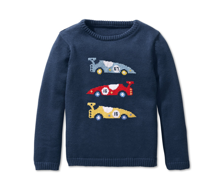 Marineblauer Feinstrick-Pullover mit blauem, rotem und gelbem Rennwagen-Motiv.