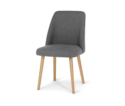 Grauer, gepolsterter Esszimmer-Stuhl mit Holzbeinen.