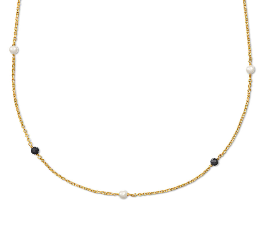 Goldene Kette Black and White mit Perlen und schwarzen Kügelchen.