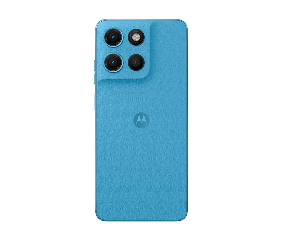 Rückseite des blauen Motorola moto g17 LTE 128GB Alaskan blue mit vier Kameras und Motorola-Logo.