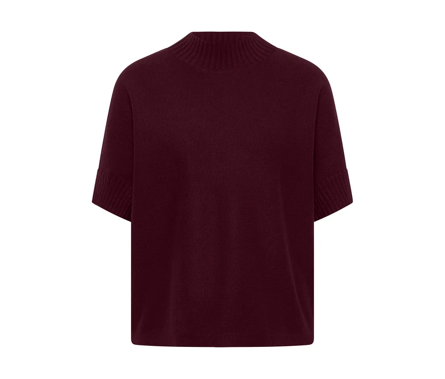 Bordeauxroter CECIL Strickpullover mit kurzen Ärmeln und Stehkragen, flach liegend.
