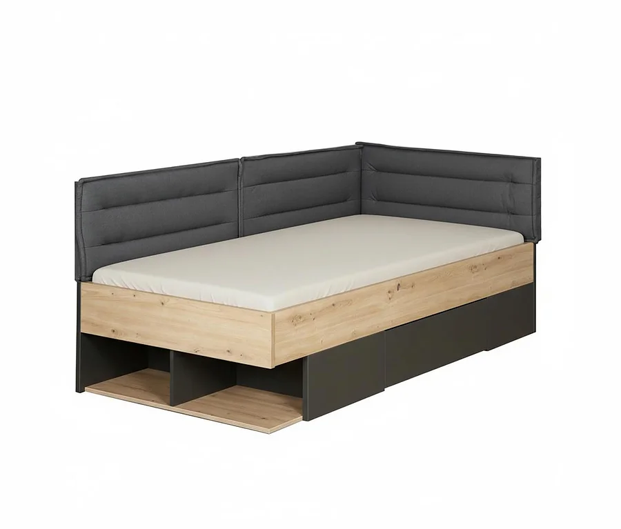 Das Roba Jugendbett »Marvin« (90 x 200 cm) ist ein Einzelbett mit hellbraunem Holzrahmen, grauen Schubladen und einer gepolsterten grauen Rückenlehne.