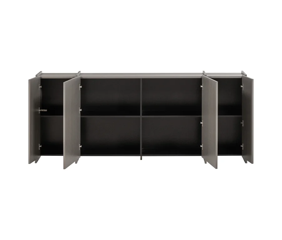 Ein langes, dunkelgraues Sideboard mit sechs offenen Türen, die sechs Innenfächer mit je einem Regalbrett zeigen.