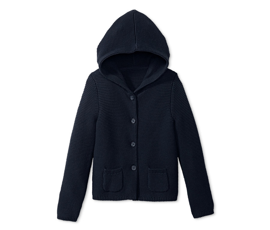 Dunkelblaue Strickjacke mit Kapuze und Knöpfen.