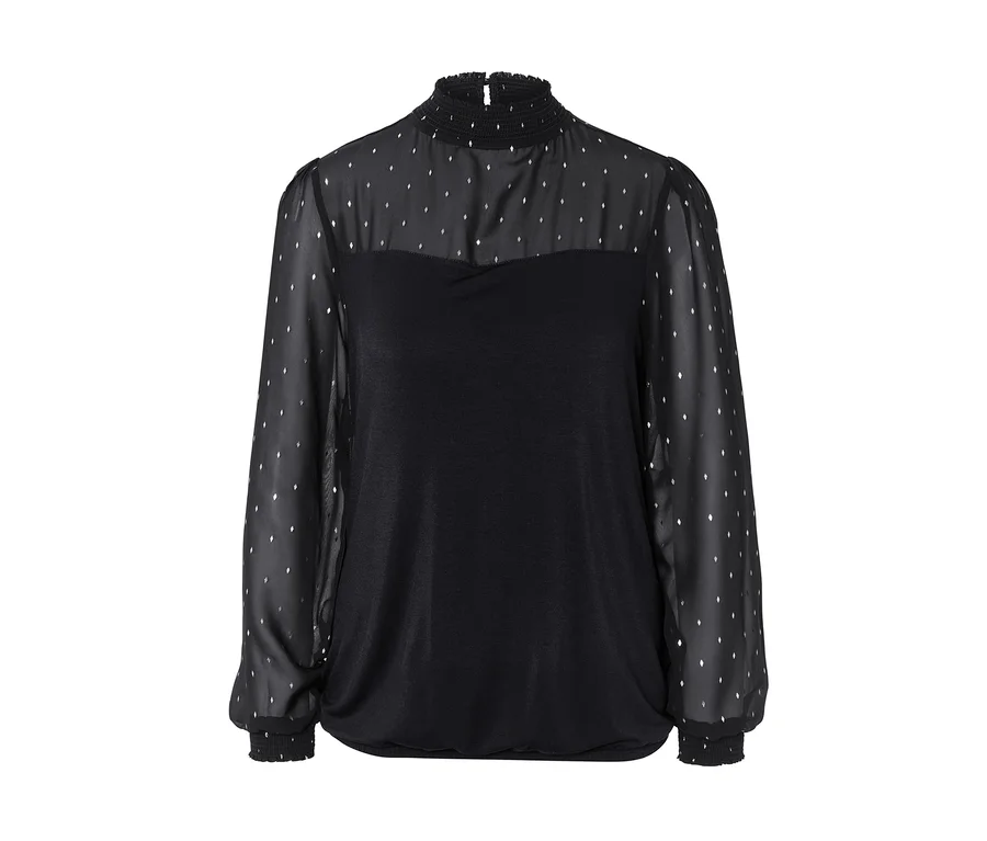 Schwarzes Blusenshirt im Materialmix mit transparenten Ärmeln und silbernen Details.