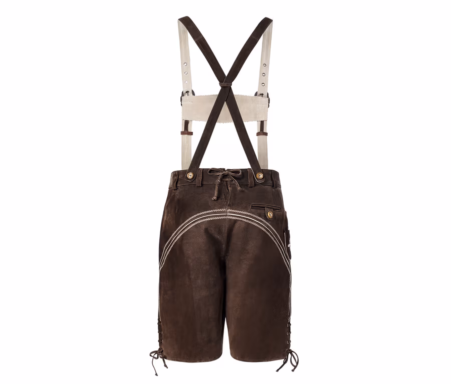 Braune Trachten-Lederhose mit Hosenträgern und Stickereien.