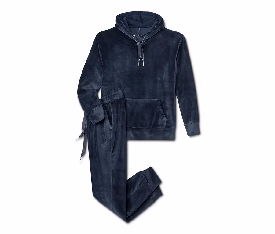 Marineblauer Nicki-Hausanzug, bestehend aus Kapuzenpullover und Hose.
