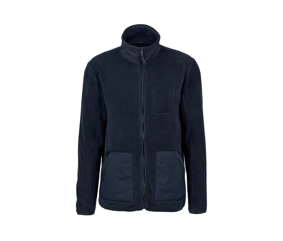 Marineblaue Teddyplüschjacke mit Reißverschluss vorne und Taschen.