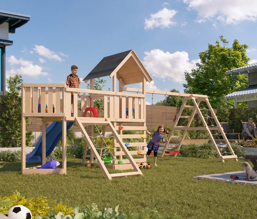 Ein Junge steht auf dem Karibu Kinderspielturm-Mega-Set "Lotti" mit Doppelschaukel, Rutsche, Anbauplattform und Klettergerüst, während ein Mädchen auf der Schaukel spielt.