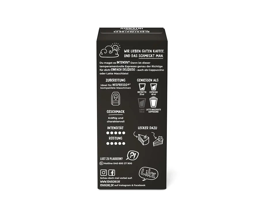 Schwarze Verpackung für Eduscho Espresso Intensiv mit 20 Kapseln, mit weißem Text zu Geschmack, Intensität und Nespresso-Kompatibilität.