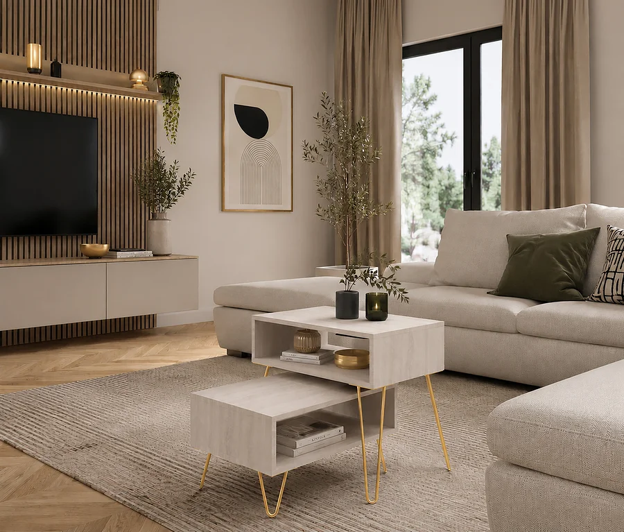 Ein modernes Wohnzimmer mit hellem Ecksofa, strukturiertem Teppich und TV an einer Lamellenwand. Im Vordergrund stehen zwei Couchtische »Leo« mit Terrazzo-Dekor und goldenen Haarnadelbeinen, dekoriert mit Pflanzen und Kerzen.