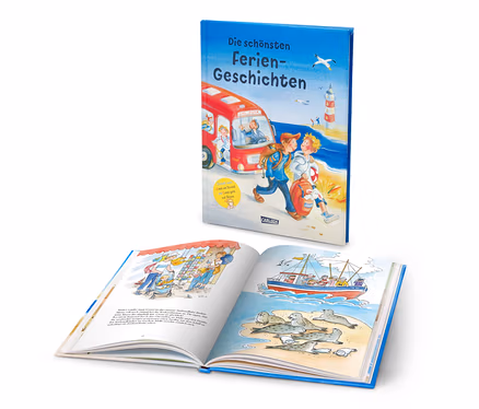 Illustration eines Buches mit dem Titel "Die schönsten Feriengeschichten".