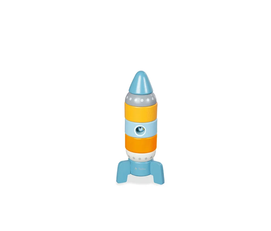 Ein farbenfroher Pinolino Stapelturm »Kleine Rakete« in Raketenform.