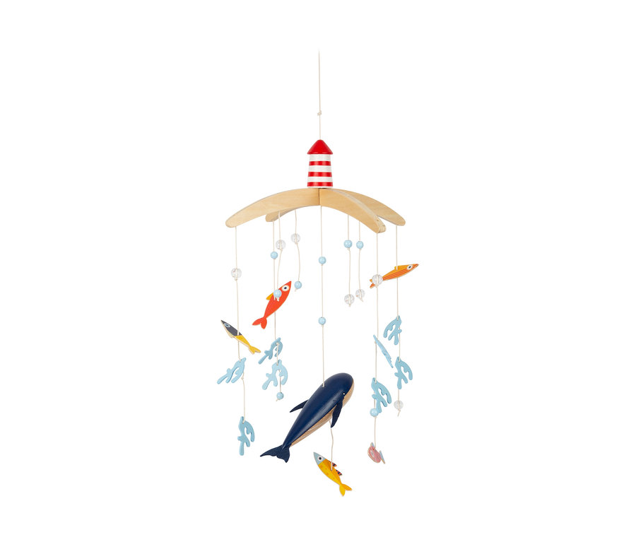 small foot Mobile mit Halterung "Seaside" mit Holzwal, Fischen und Leuchtturm.