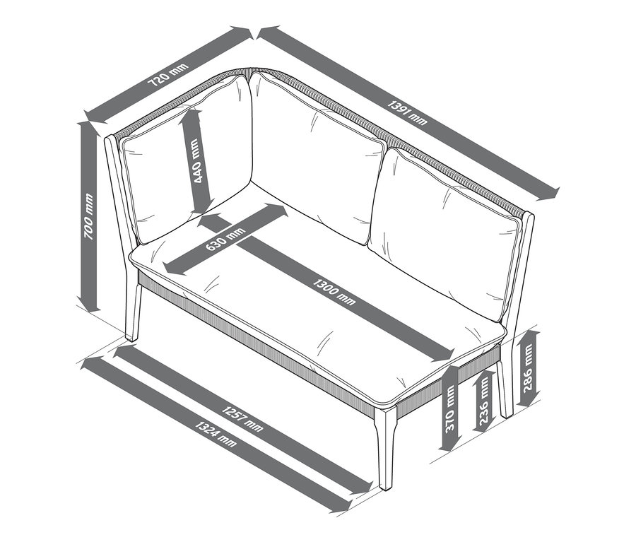 Skizze einer Loungemöbel-Chaiselongue mit Abmessungen.