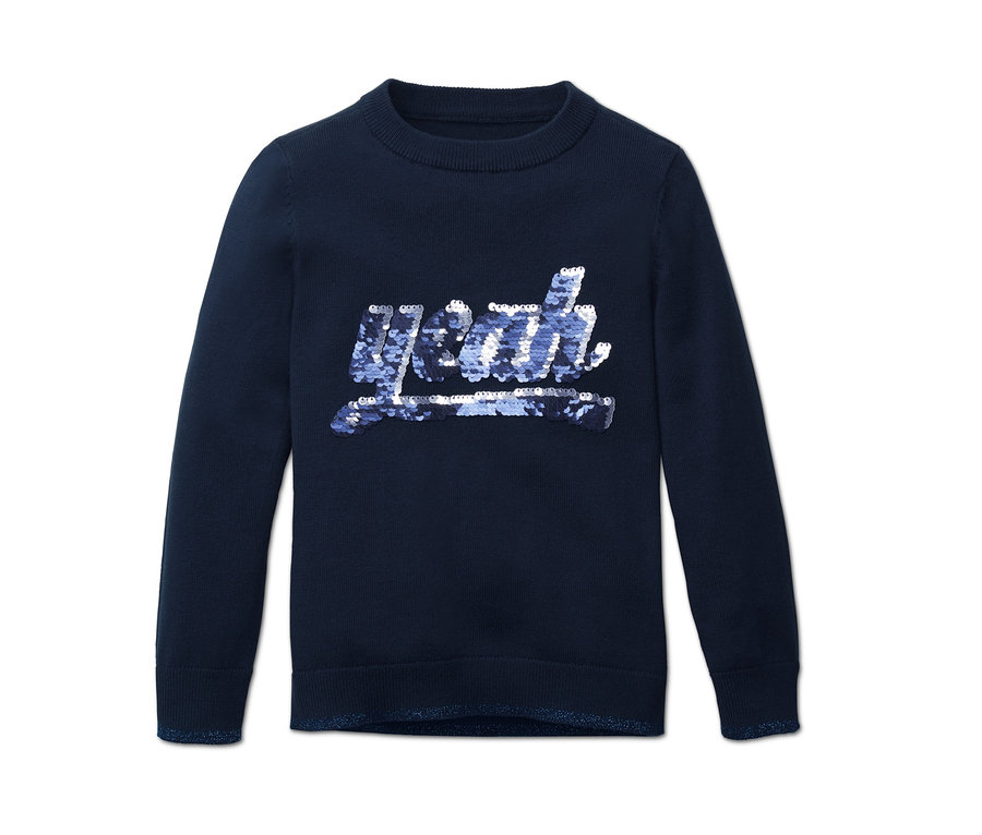 Marineblauer Feinstrickpullover mit Wendepailletten.