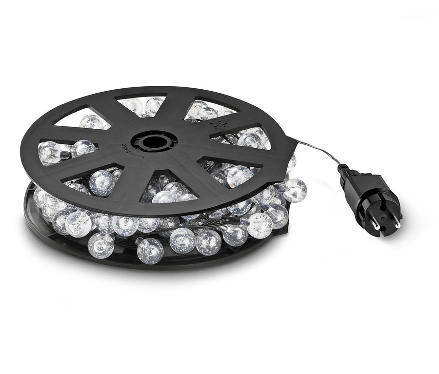 LED-Outdoor-Lichterkette mit 120 LEDs auf einer Spule aufgerollt.