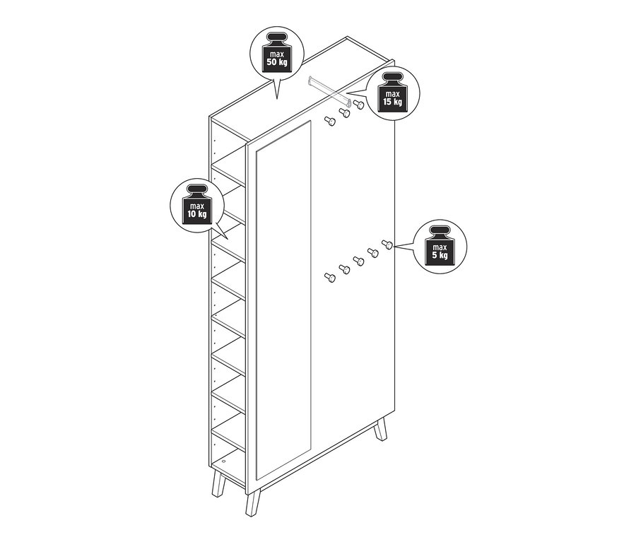 Abbildung eines multifunktionalen Flurschranks mit einem offenen Regal auf der linken Seite und einem Spiegel an der Tür.
