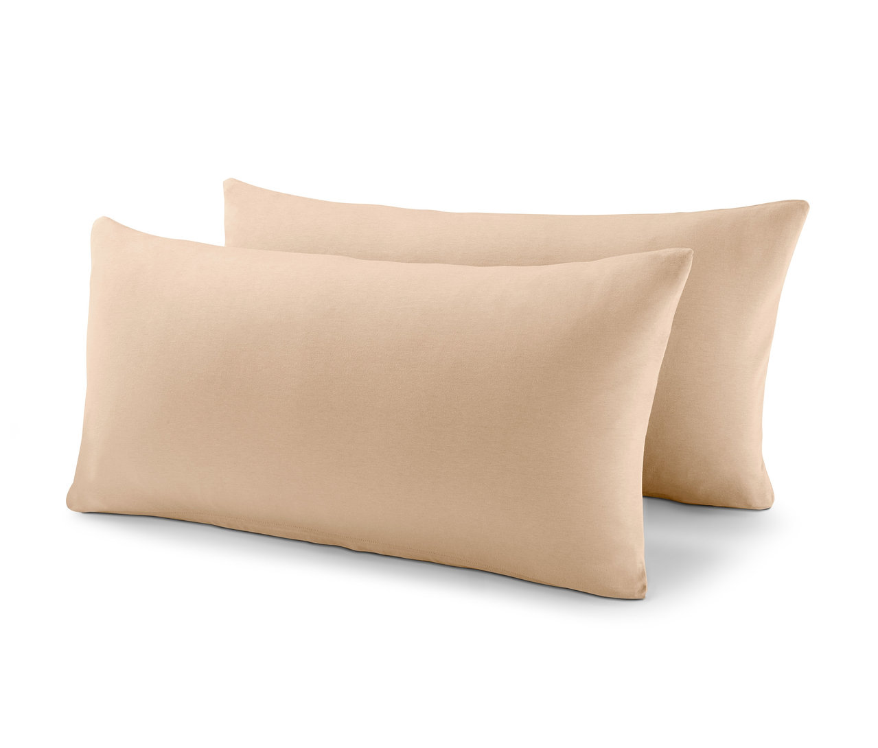 Zwei beige 2 Jersey-Kopfkissenbezüge.