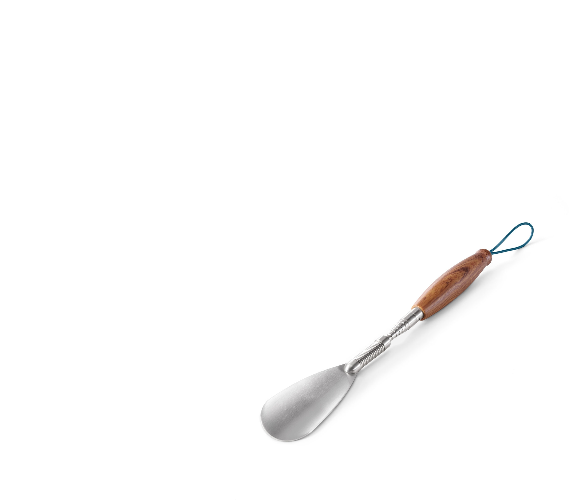 Ein Teleskop-Schuhanzieher mit Holzgriff und blauer Schnur.