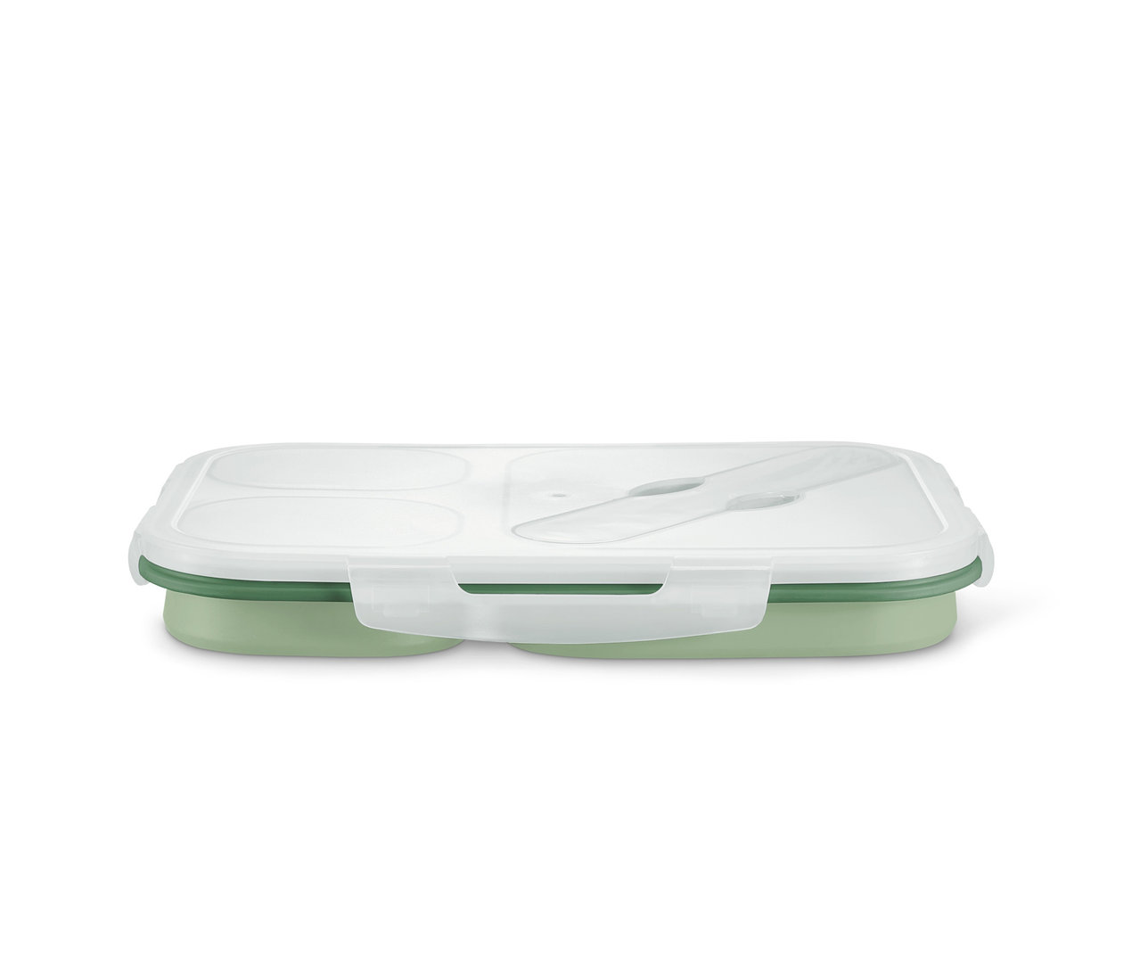 Eine faltbare Lunchbox mit grünem Boden und transparentem Deckel.