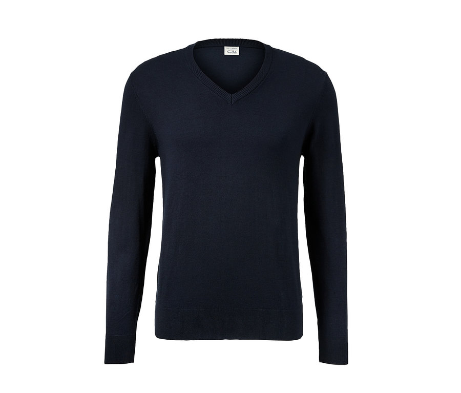 Marineblauer Pullover mit V-Ausschnitt.