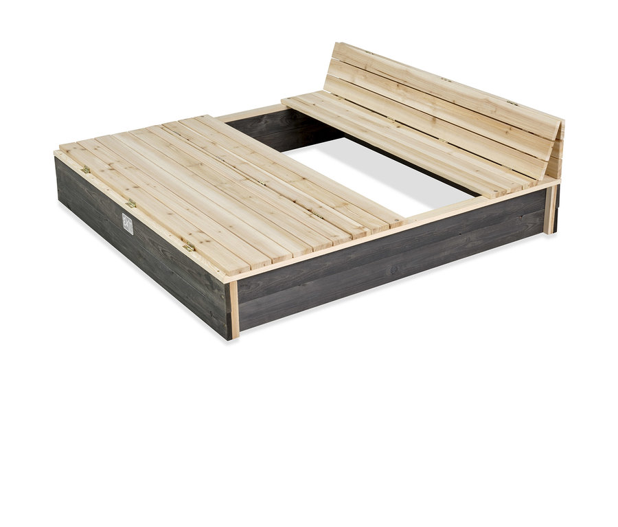 Ein EXIT XL-Sandkasten »Aksent« aus Holz mit Deckel und Sitzbänken.