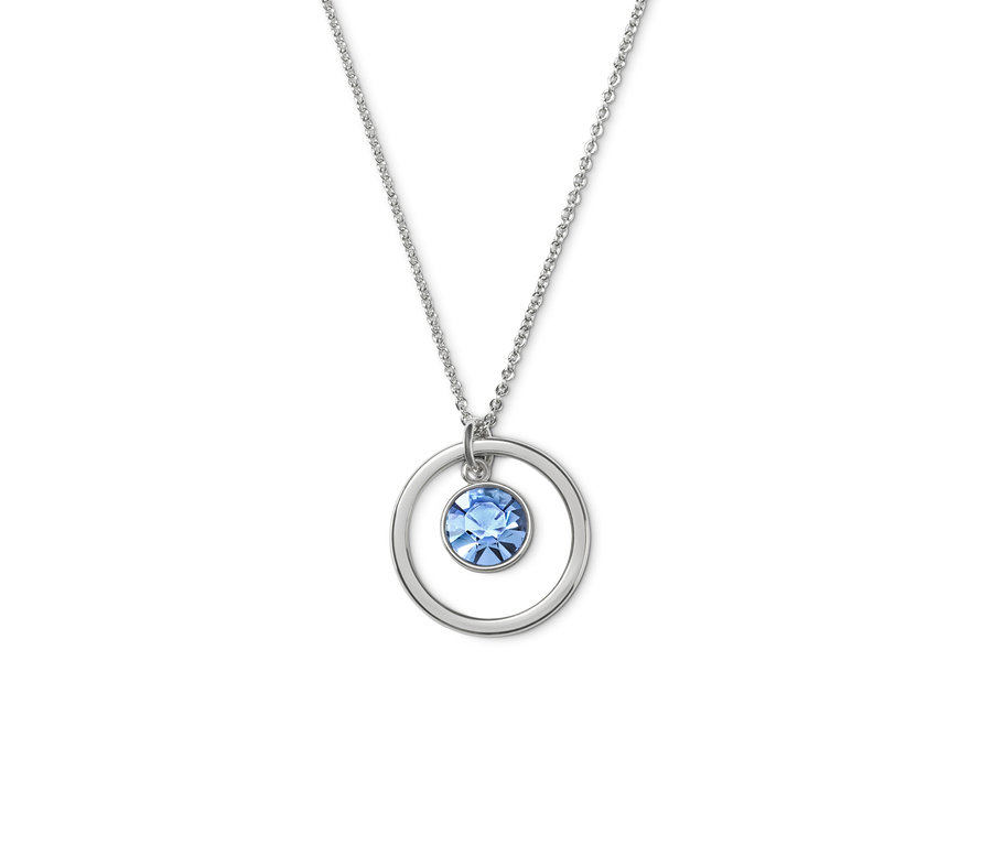 Silberkette mit rundem Anhänger, verziert mit einem blauen Swarovski® Kristall.