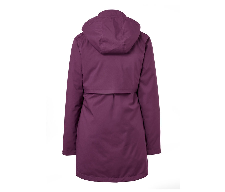 Rückansicht eines lila 3-in-1-Funktions-Outdoormantels mit Kapuze.
