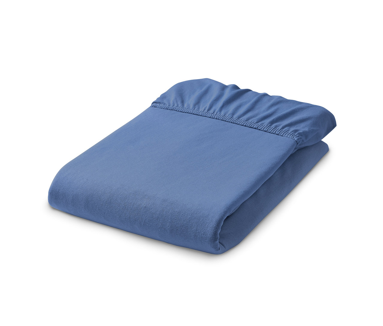 Ein gefaltetes blaues Jersey-Spannbettlaken.