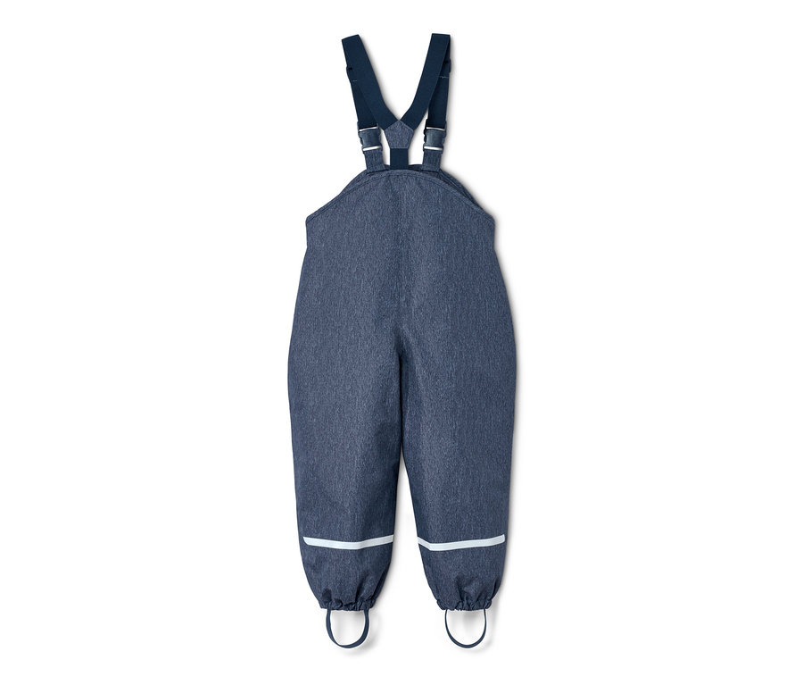 Blaue Regenhose aus recyceltem Material mit Latz und Reflektorstreifen.