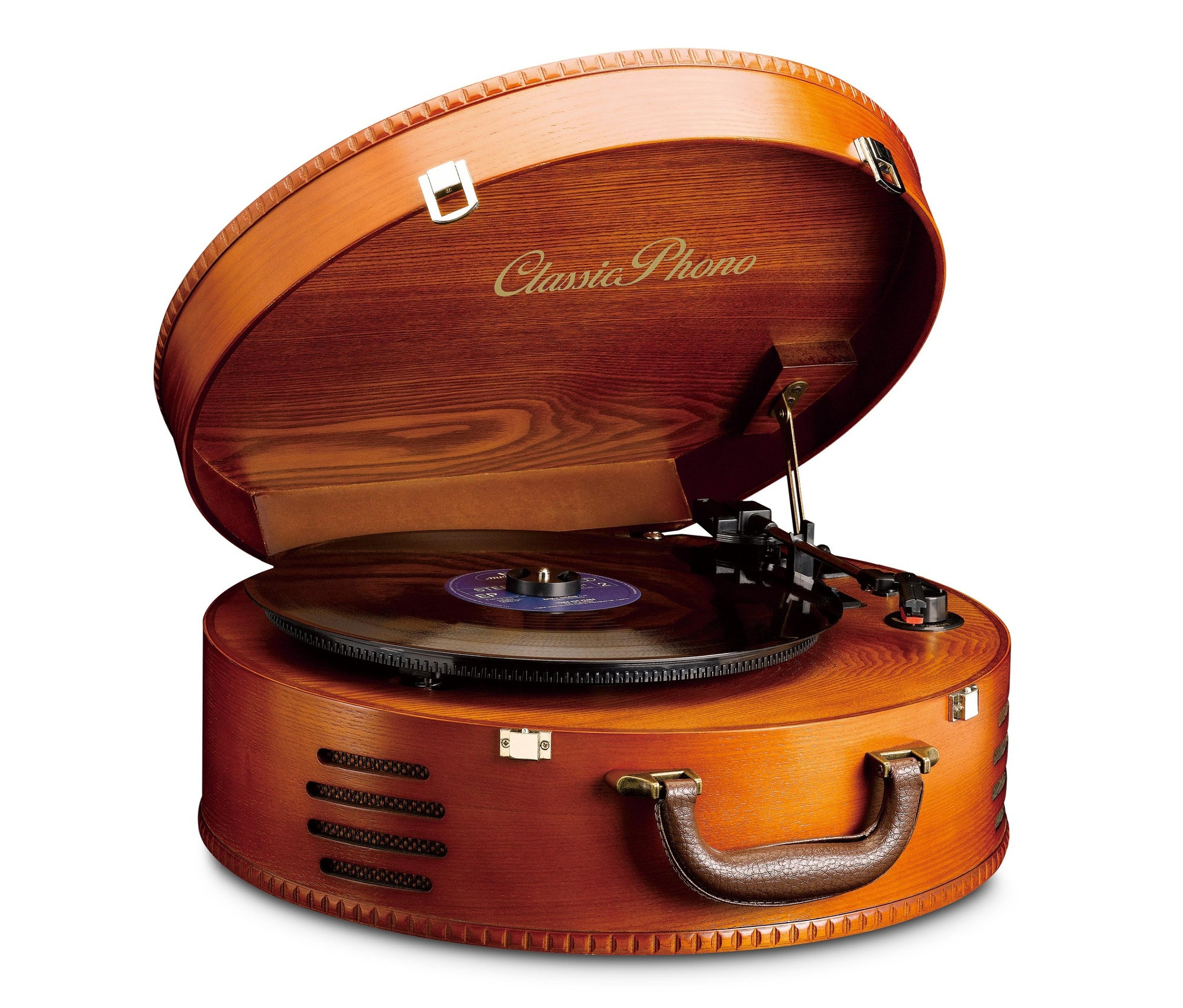 Ein brauner Retro-Kofferplattenspieler mit geöffnetem Deckel.