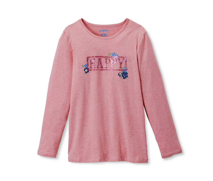 Rosa Langarmshirt mit Wendepailletten und dem Schriftzug HAPPY.
