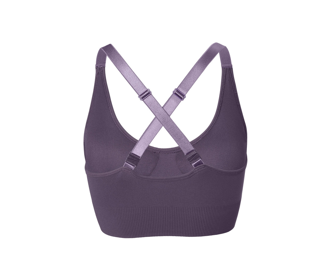 Detailansicht des lila Seamless-Sport-Bustiers mit gekreuzten Trägern auf der Rückseite.
